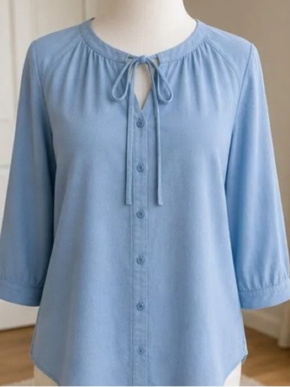 Light Blue Tie-Neck Button Front Women's Top
